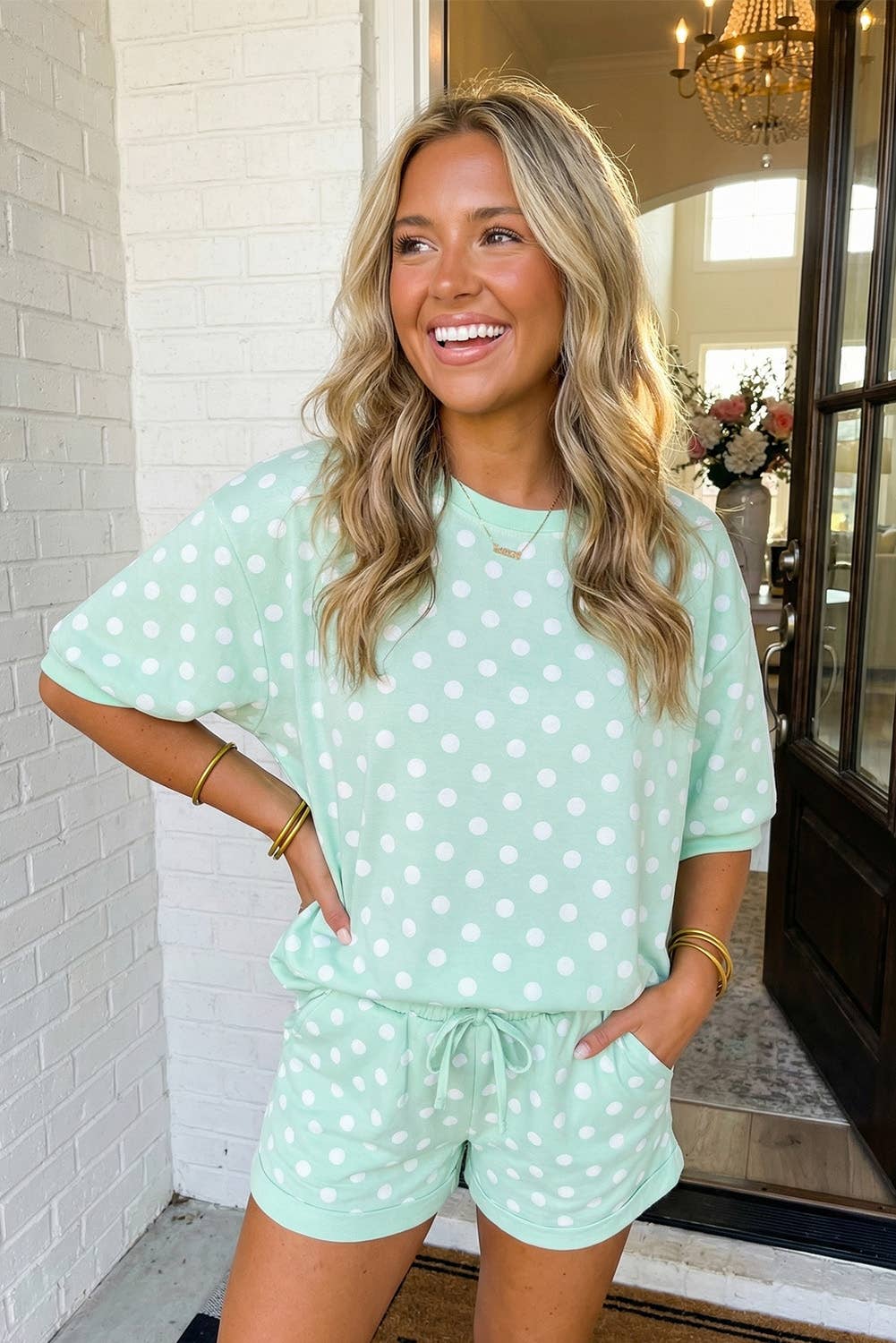 LAS Polka Dot Print Top Drawstring Shorts Set (S-XL): Sky Blue / Missy / S