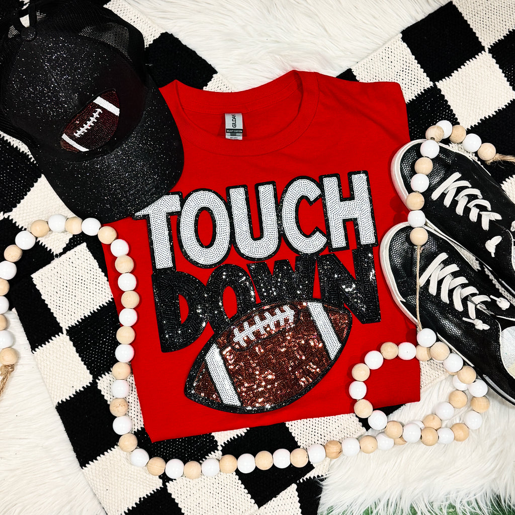 Touchdown With Football Sequin Tee: Red / S