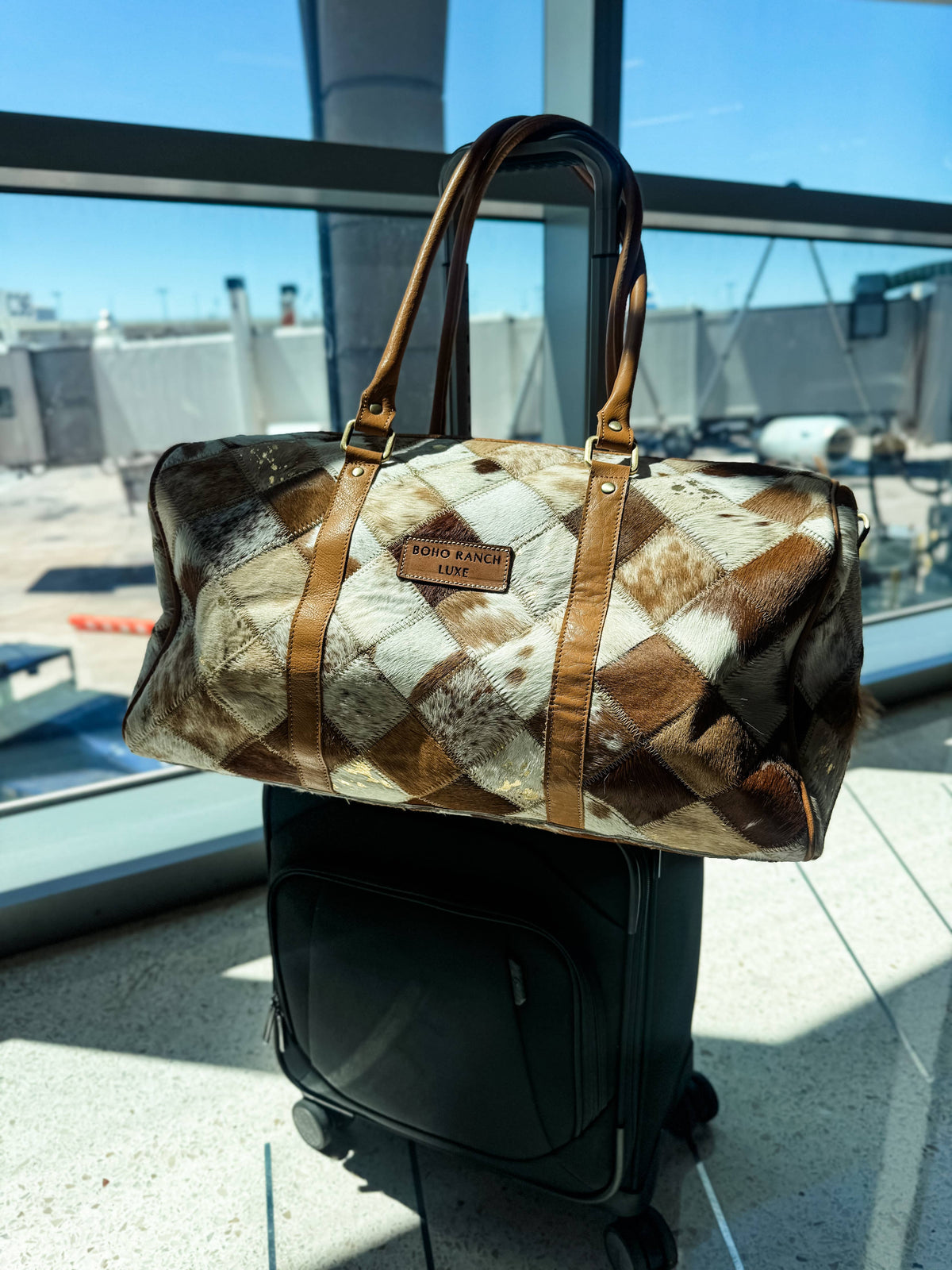 BOHO LUXE DUFFLE Weekender Leather HairOn Cowhide Travel Bag: Black +White Cowhide