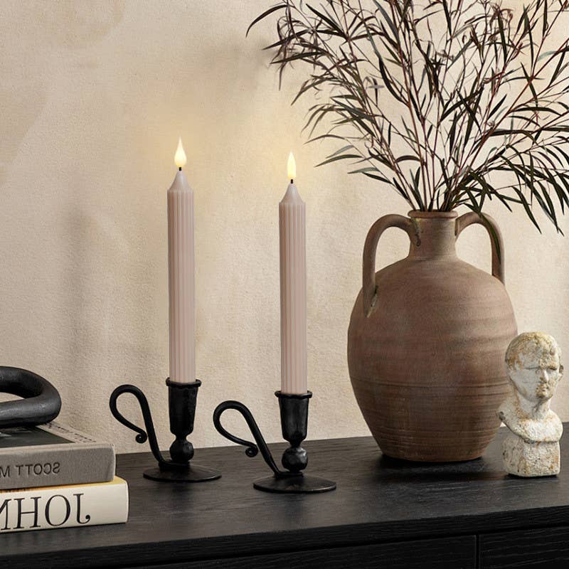 9.4 Inch Real Wax Flameless Striped Taper LED Candlesticks: Mauve Pink