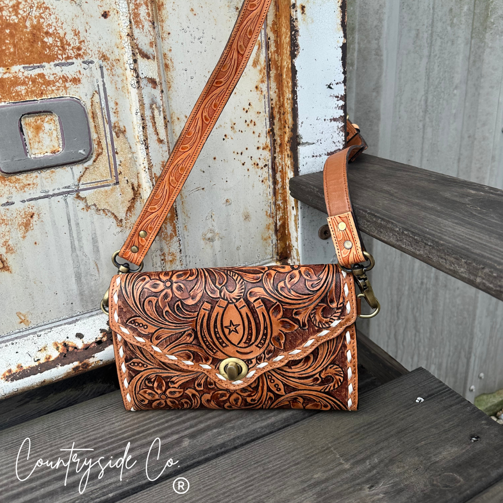 Stampede Double Horseshoe Tooled Leather Purse Crossbody