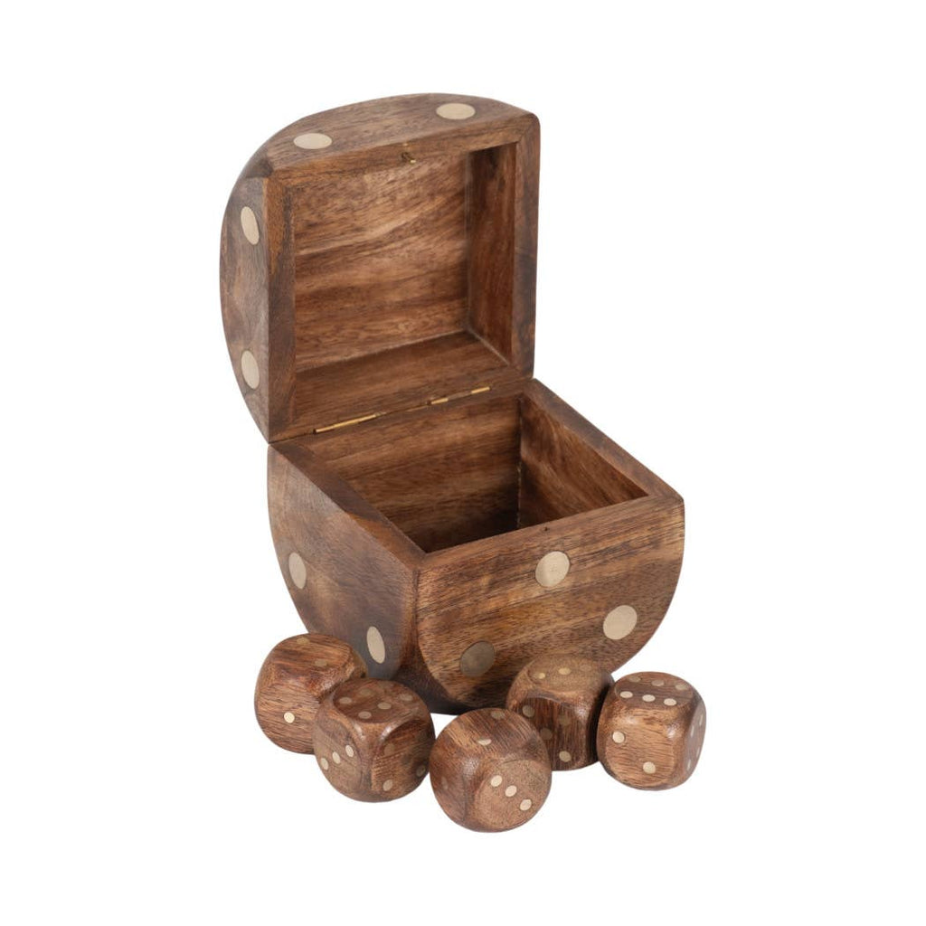Box Game Set - Brown Mango Wood Dice-Shaped Storage, 4 in.