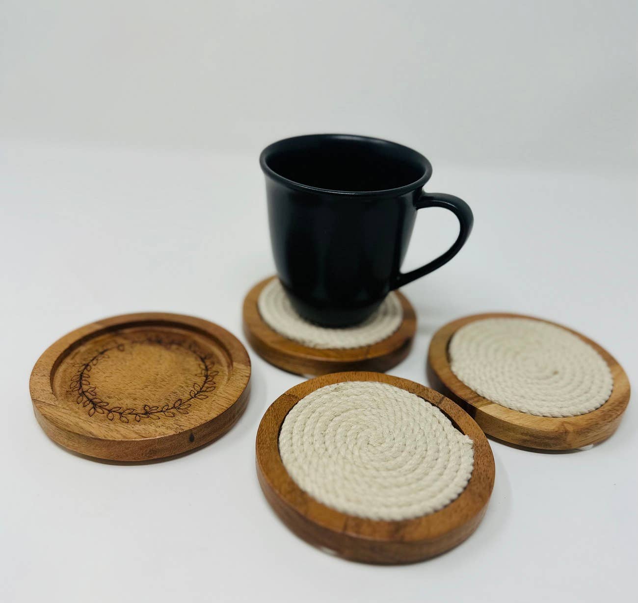 Wooden Coaster Set with Cord – Rustic Tabletop Décor