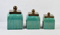 Turquoise Blue Ribbed Canister Set with Bronze Lids