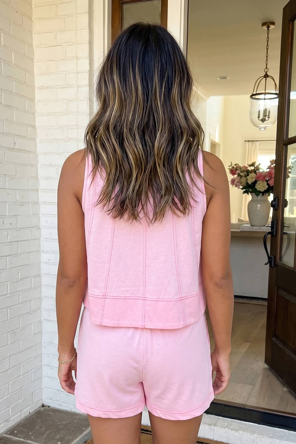 LAS Stitched Detail Loose Tank Top 2pcs Short Set (S-XL): Pink / S