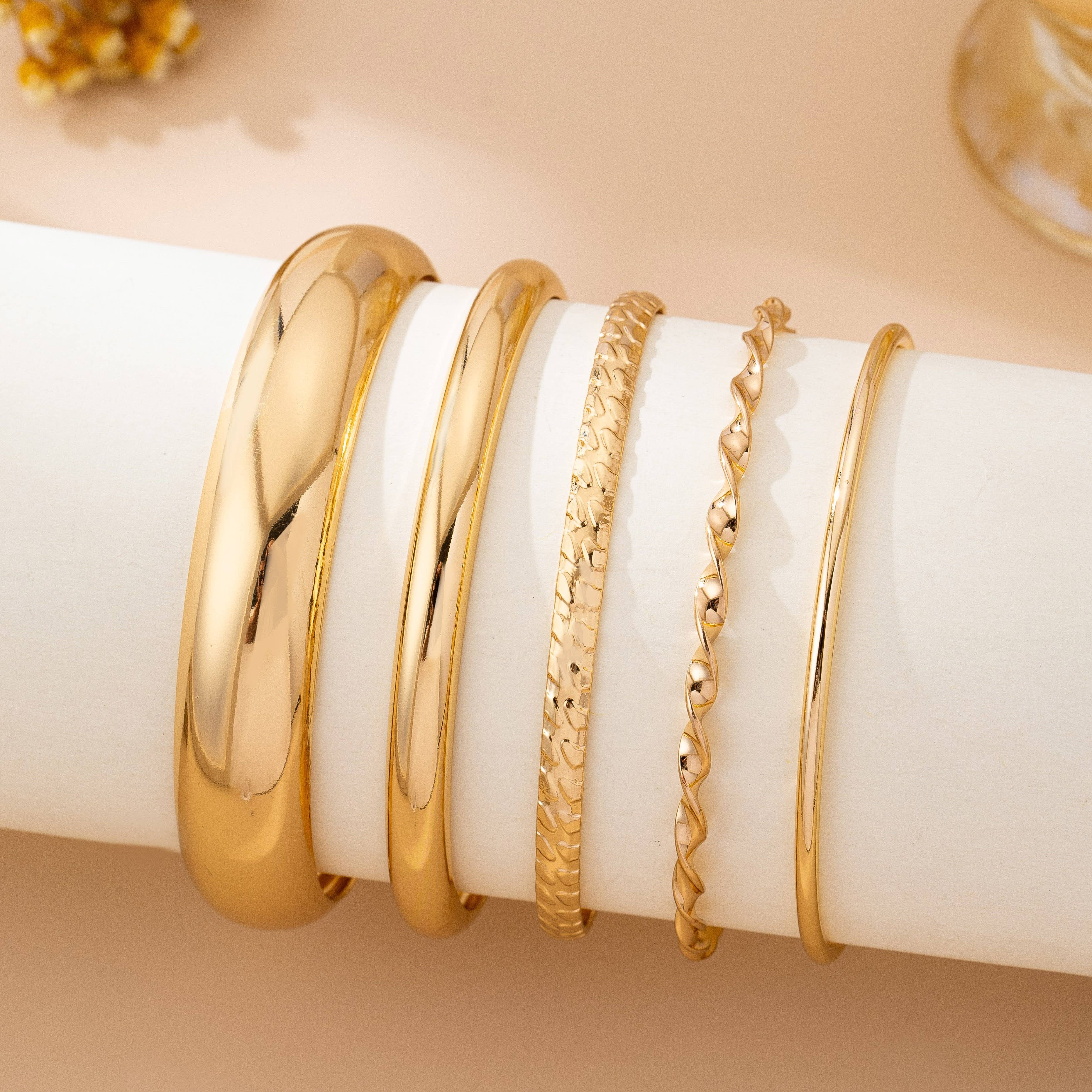 Gold Textured Bangle Stack Set | 80B1601: SET