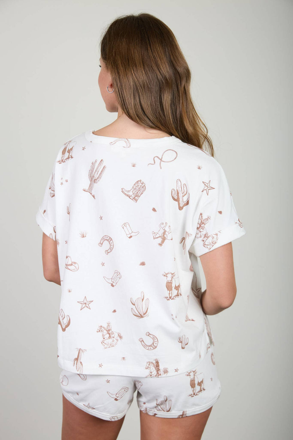WESTERN PRINT CUFF SLEEVE KNIT T-SHIRT: IVORY