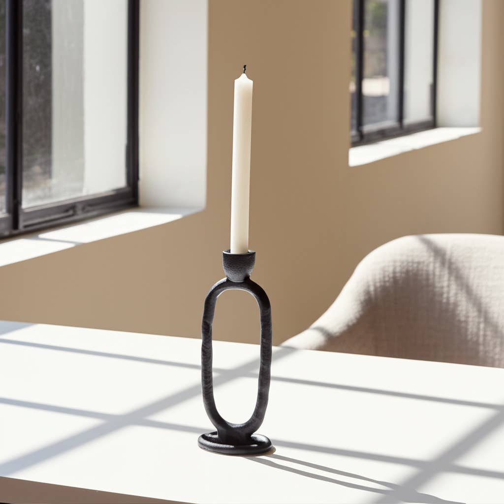 Metal Oval Sculpture Taper Candle Holder - Black, 8 in.