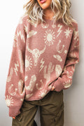 66 Blossom Western Print Drop Shoulder Sweater (S-XL): Pink / XL