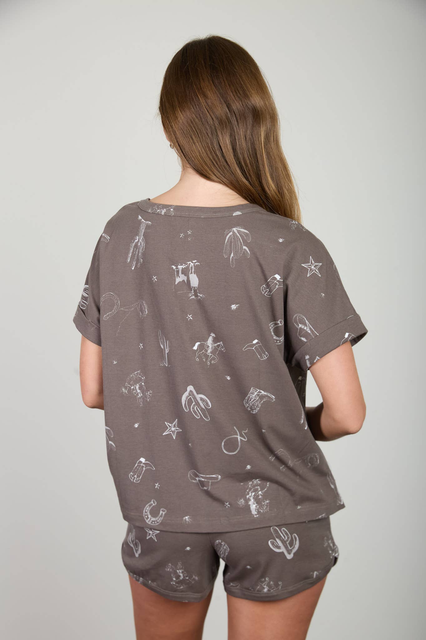 WESTERN PRINT CUFF SLEEVE KNIT T-SHIRT: IVORY