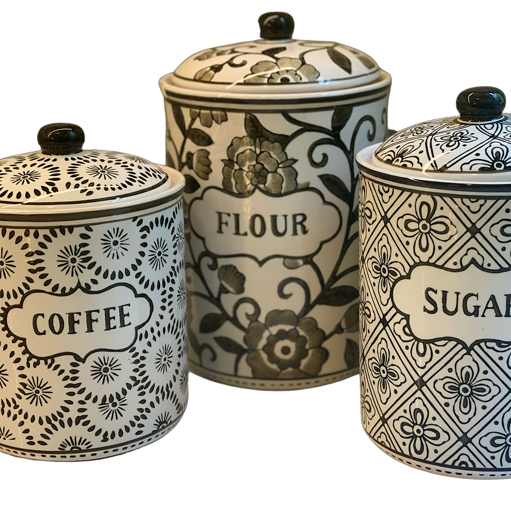 Gray & White Patterned Canister Set – Farmhouse Kitchen
