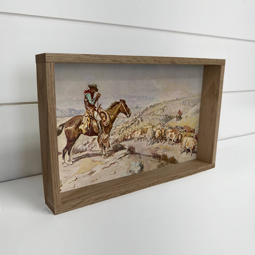 Cowboy Cattle Drive - Ranch House Canvas Art - Wood Framed: 24x36" Extra Large Canvas Art with Thick Wood Frame