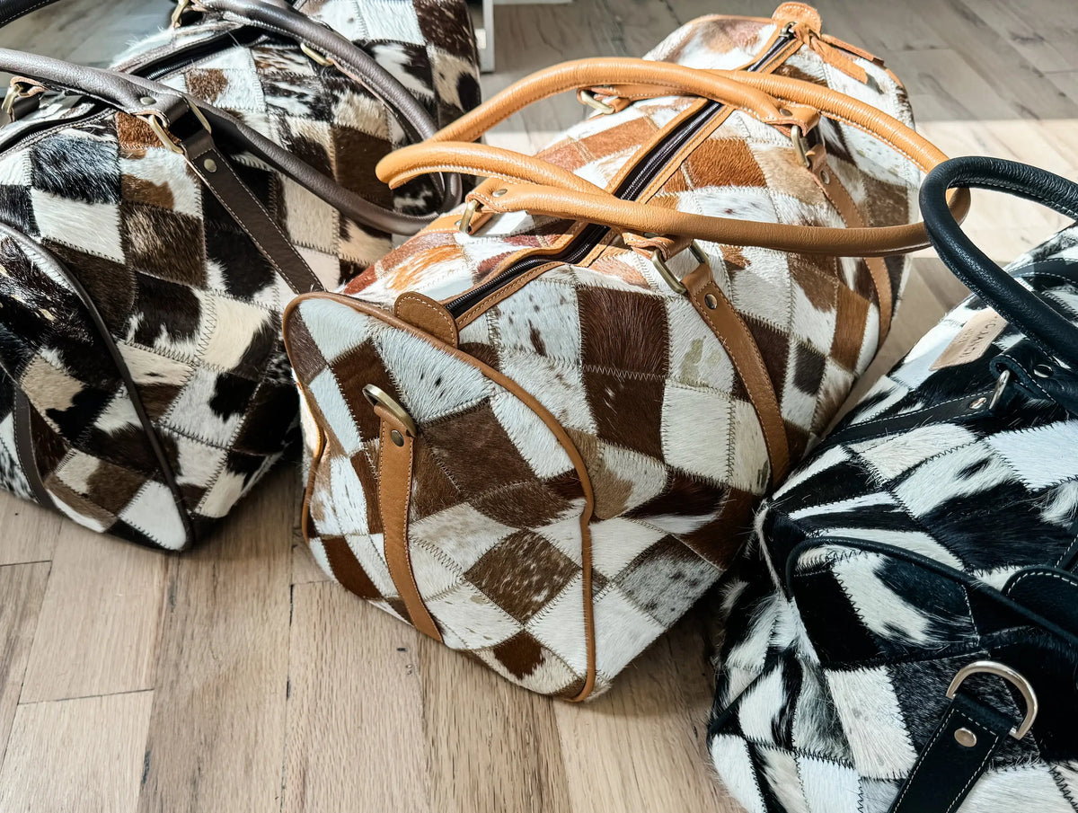 BOHO LUXE DUFFLE Weekender Leather HairOn Cowhide Travel Bag: Black +White Cowhide