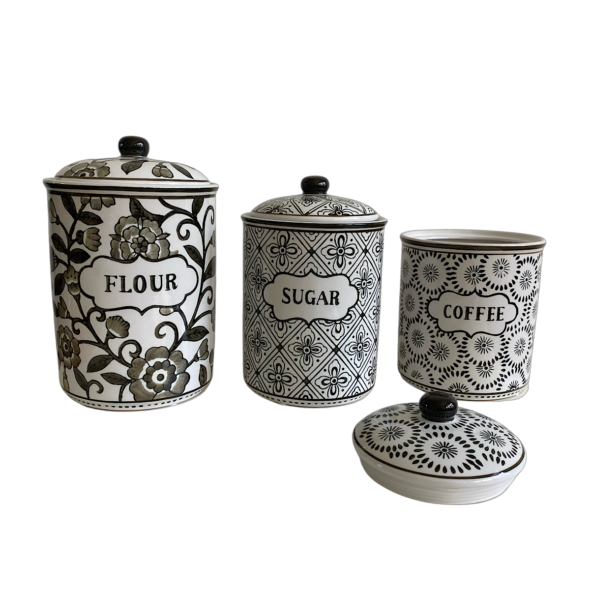 Gray & White Patterned Canister Set – Farmhouse Kitchen