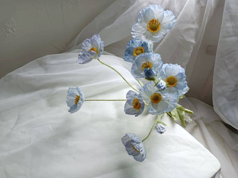 22'' Single Flocked Floral Poppy Spay, Colorful Silk Poppies: White