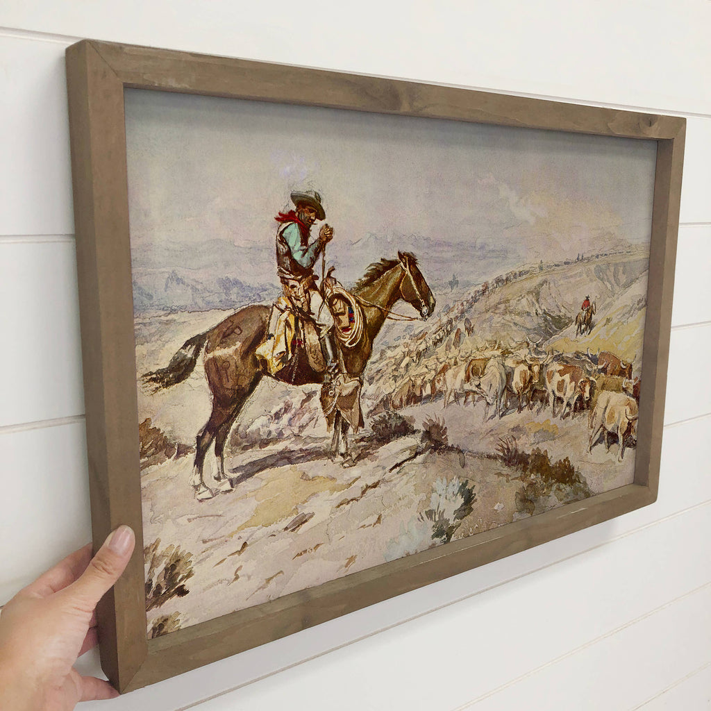 Cowboy Cattle Drive - Ranch House Canvas Art - Wood Framed: 24x36" Extra Large Canvas Art with Thick Wood Frame
