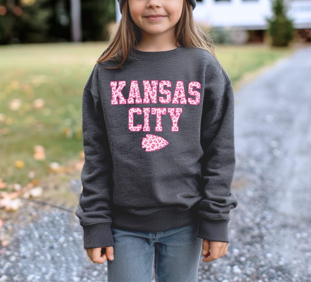 Youth Kansas City Leopard Sweatshirt/Hoodie: Safety Pink / XS / Sweatshirt