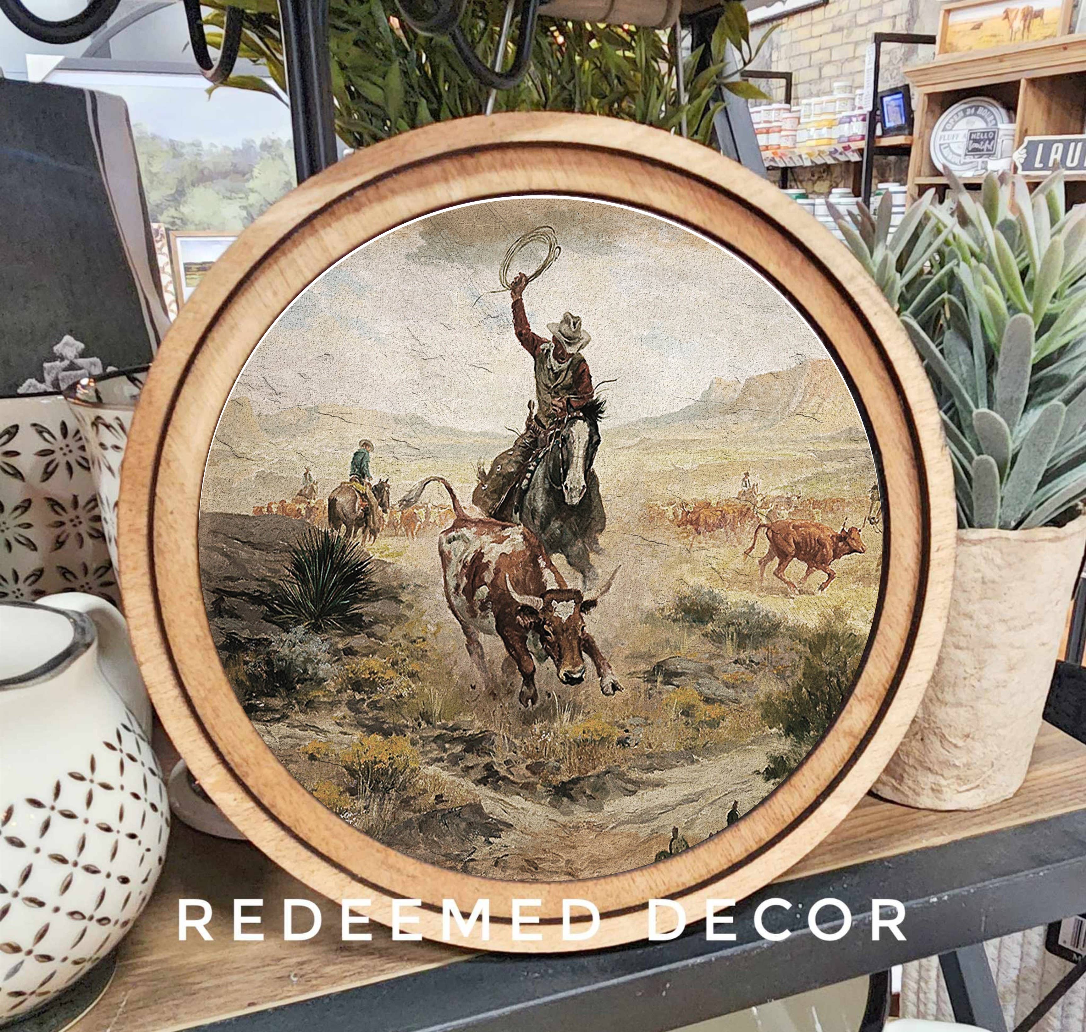 8" Round Southwest Cowboys Art