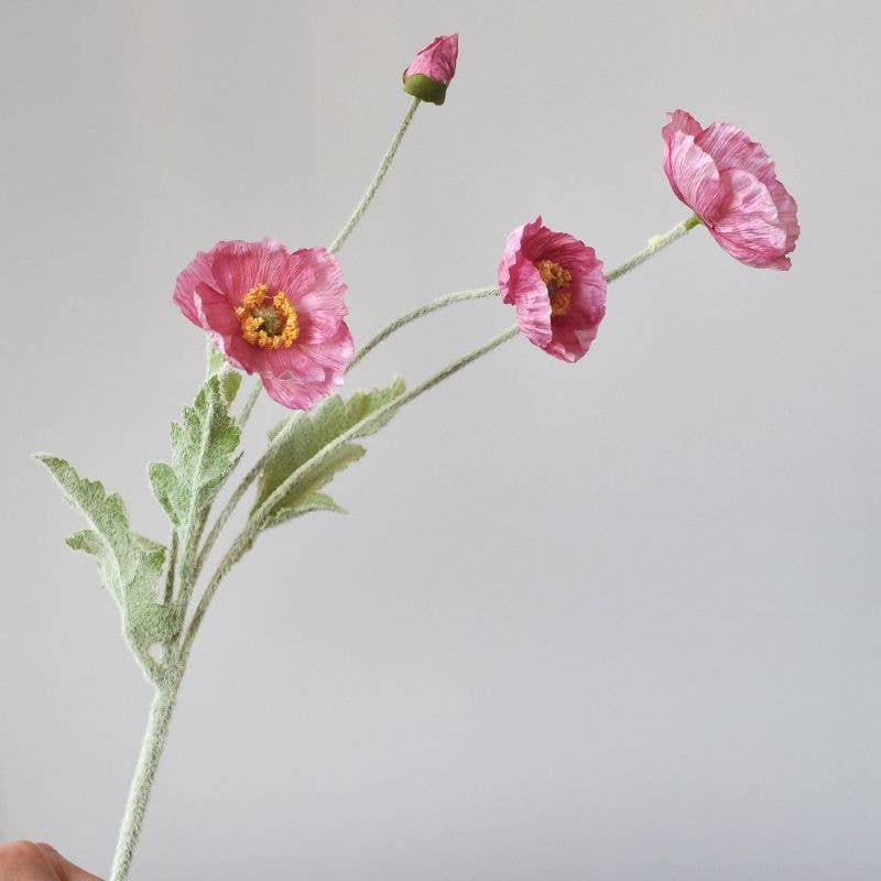 22'' Single Flocked Floral Poppy Spay, Colorful Silk Poppies: White