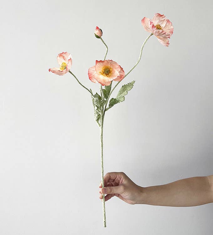 22'' Single Flocked Floral Poppy Spay, Colorful Silk Poppies: Coral Pink