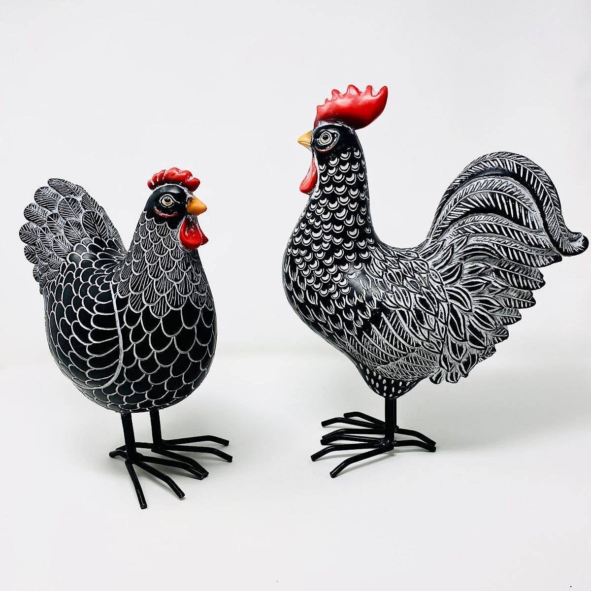 Black & White Chicken & Rooster Figurine Set – Farmhouse Déc