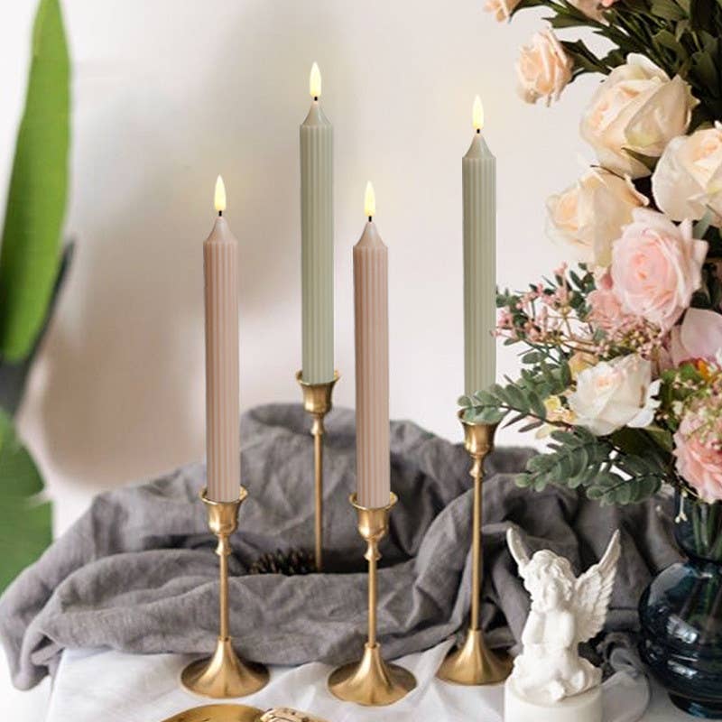 9.4 Inch Real Wax Flameless Striped Taper LED Candlesticks: Mauve Pink