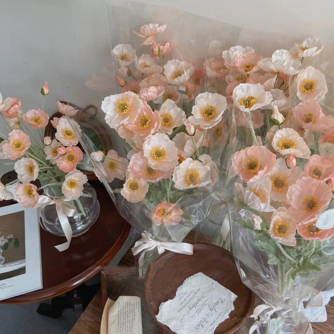 22'' Single Flocked Floral Poppy Spay, Colorful Silk Poppies: Coral