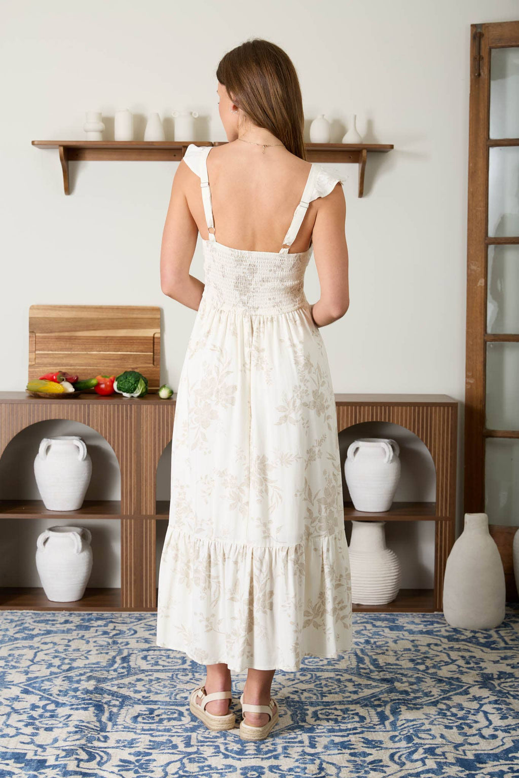 FLORAL FRONT TIE RUFFLE DETAIL CORSET MIDI DRESS: NATURAL