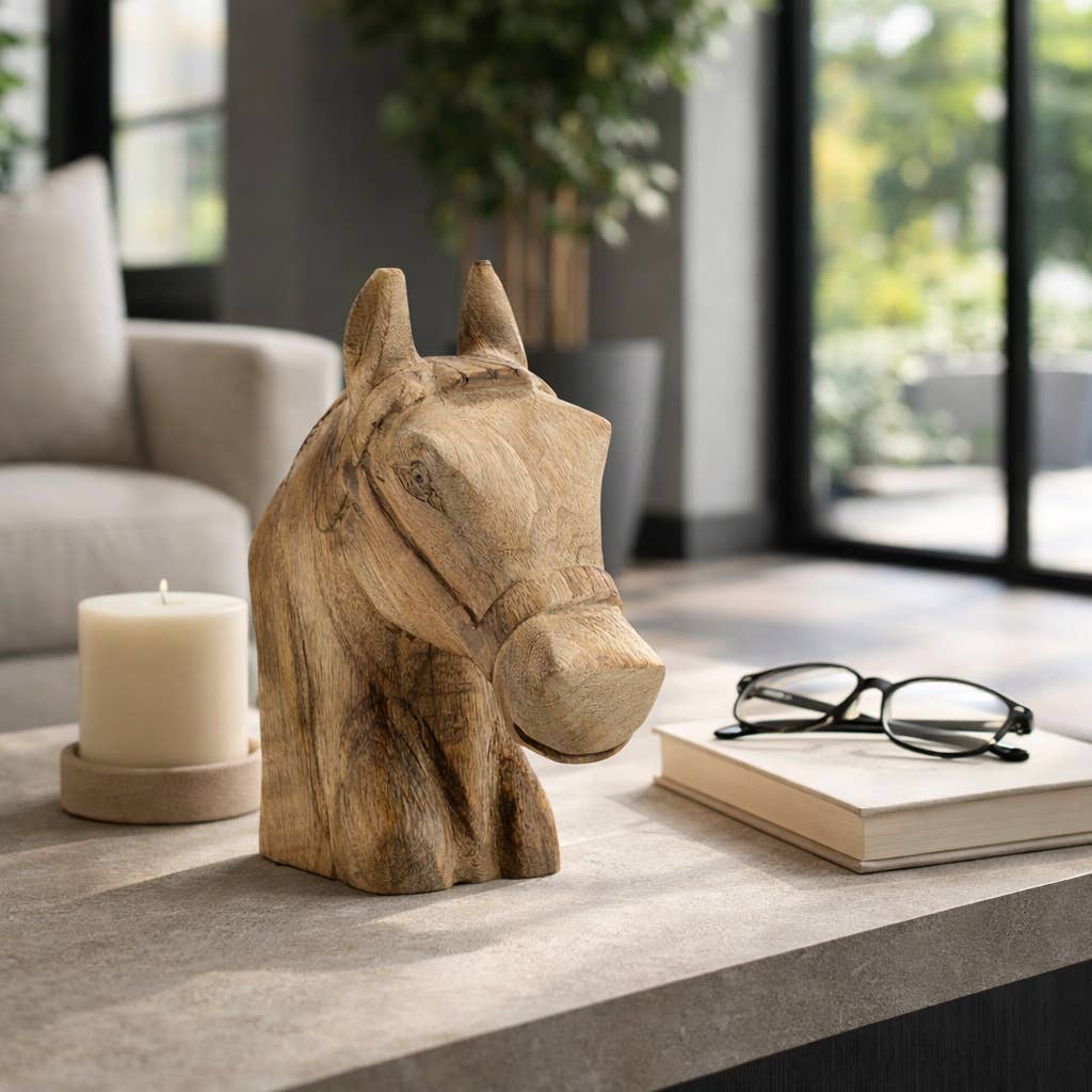 Figurine - Brown Wood Modern Handcrafted Horse Head, 11 in.